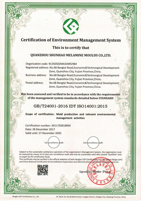 Shunhao Machines&Moulds Certificate